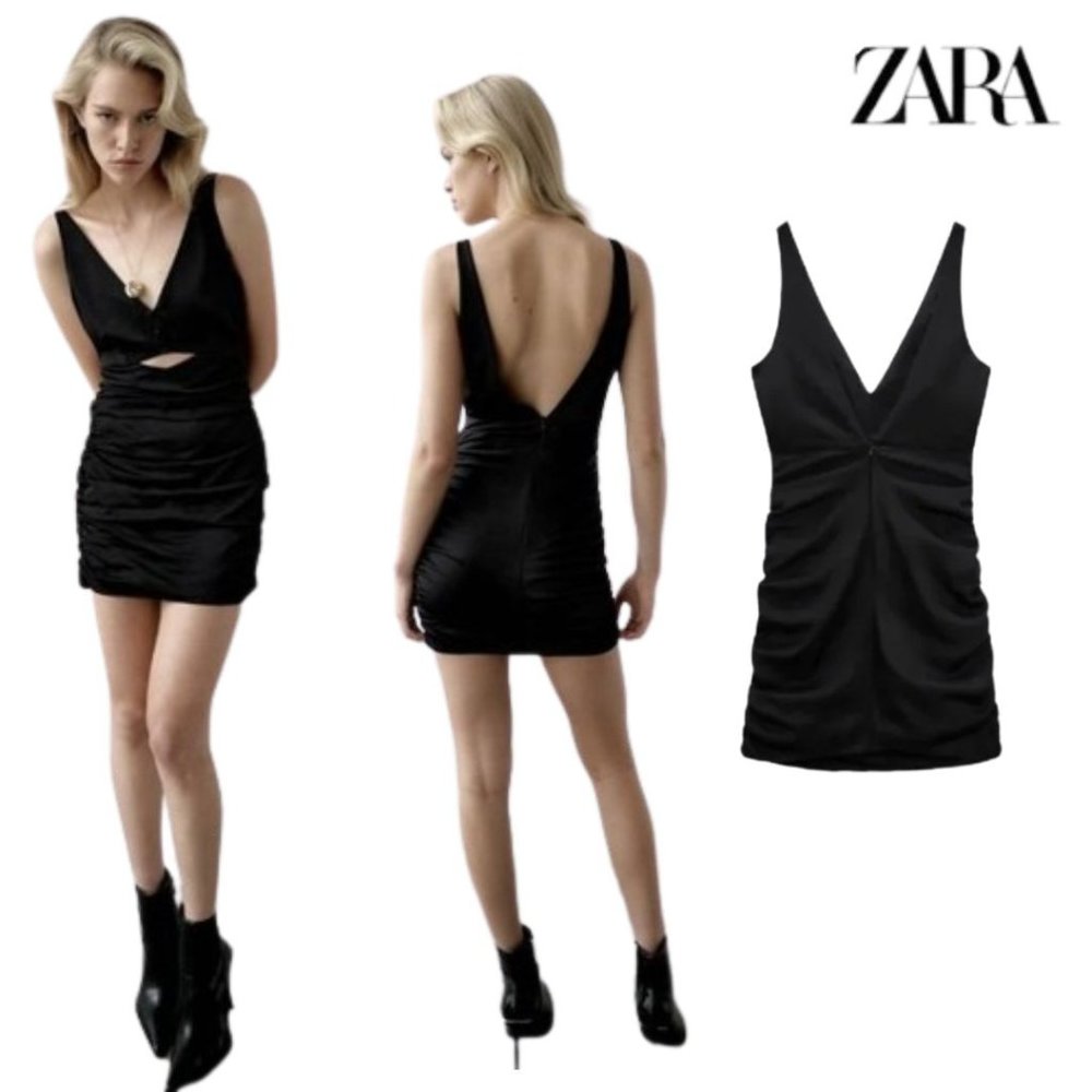 NWT - Zara Satin Effect Cut Out & Ruched Mini Dress in Black Size XS